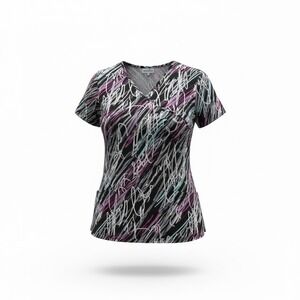 Flex Women Abstract Scribble Print V Neck Scrub Top Medium Black Pink Blue
